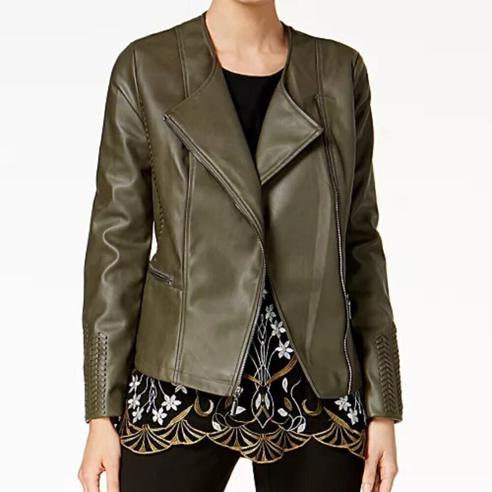 Alfani Olive Whipstitched Faux Leather Zip Up Jacket, Size Medium